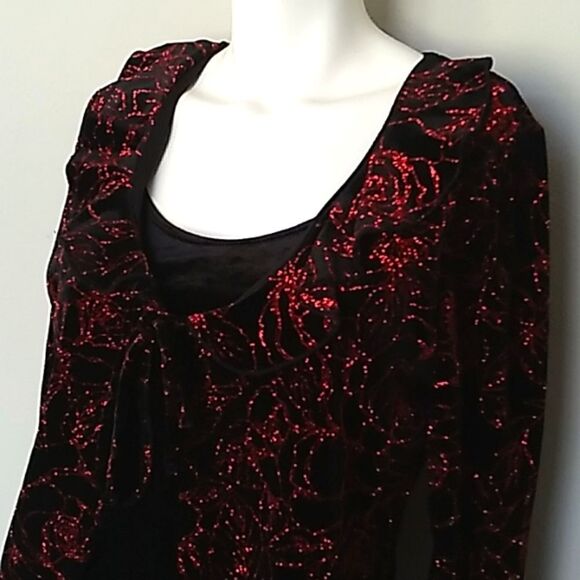 Notations Formal Black Velvet/Red Glitter Ruffled Overlay Blouse. Sz PM - Picture 2 of 9
